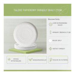 Talerz papierowy okrągły BIAŁY 27cm 100 szt. cateringowy…