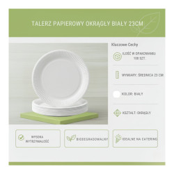 Talerz papierowy okrągły biały 23cm 100szt. catering,. bi
