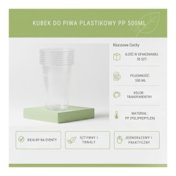 Kubek do piwa plastikowy PP 500ml 50szt. przezroczysty, jednorazowy,