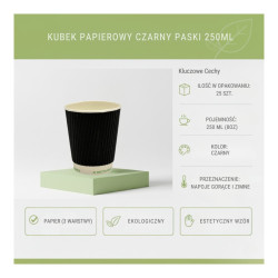 Kubek papierowy CZARNY PASKI 250ml 25 szt. WU do napojów gorących i