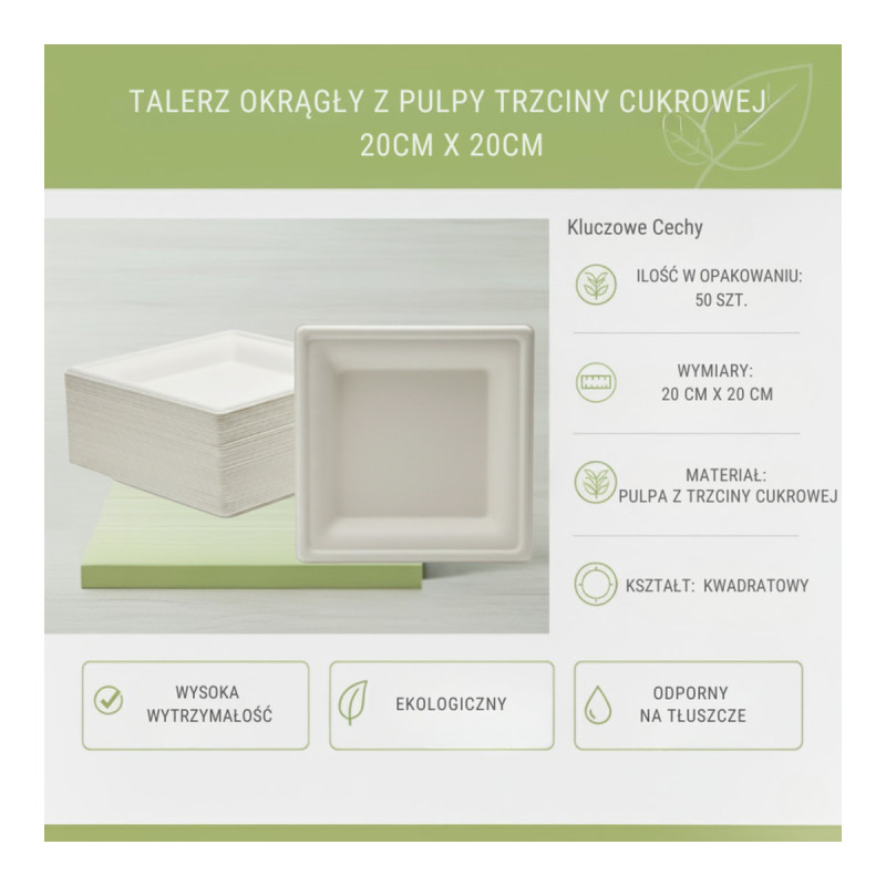 Talerz kwadratowy z pulpy trzciny cukrowej 20×20cm 50 szt.