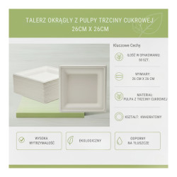 Talerz kwadratowy z pulpy trzciny cukrowej 26×26cm 50 szt.